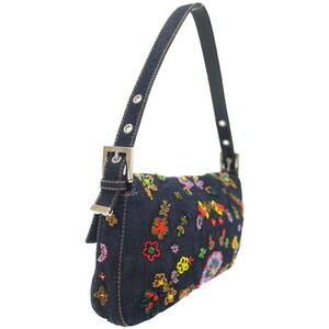 Fendi Mamma Beaded Bag Shoulder Denim Embroidered Semi Bucket